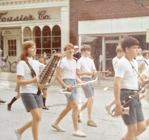 David Bohnett performs in the Hinsdale Central High School Marching Band, early 1970s, Hinsdale, IL.
