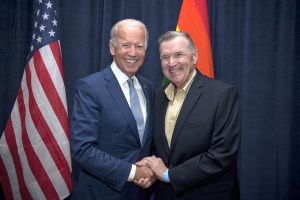Vice President Joe Biden and David Mixner shaking hands, 2018. Photo courtesy of David Mixner. 
