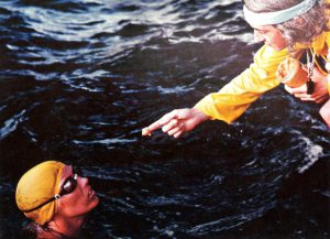 Diana Nyad assisted by her handler, Candace, on her first attempt to swim from Cuba to Florida, 1978. Courtesy of Diana Nyad.