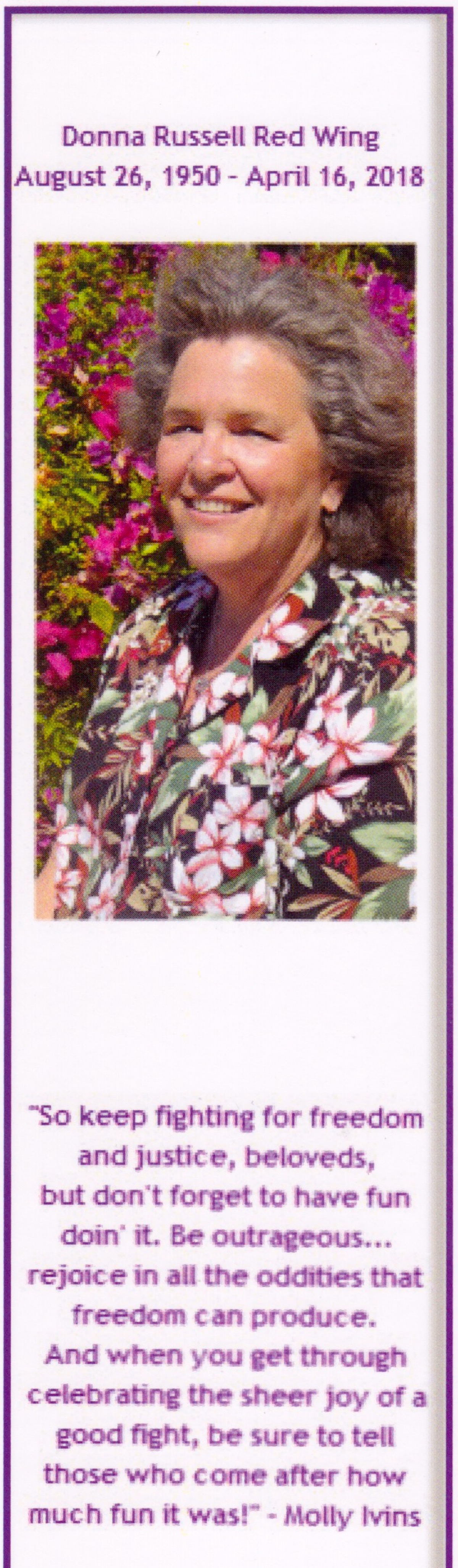 A funeral bookmark featuring a portrait of Donna that reads, “Donna Russell Red Wing, August 26, 1950 - April 16, 2018.”