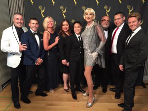 Donna at the Daytime Emmy Awards with iHeart team that covered Pride Parade on live television and was nominated for a Daytime Emmy, 2016. Photo courtesy of Donna Sachet.