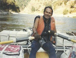 River rafting guide on the Rogue River, Oregon, circa 1970.