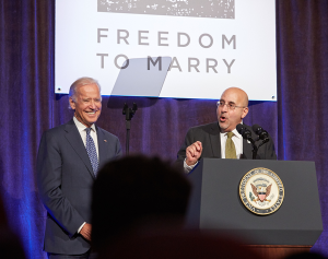 Evan Wolfson and Vice President Joe Biden on stage, July 9, 2015. Photo courtesy of Evan Wolfson.