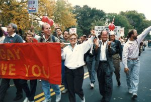 Honey Ward marching the March on Washington for Lesbian and Gay Rights, 1987, Washington, D.C. Photo includes: Rob Eichberg, Ph.D., Gregory Unwin-Moore, and Shirley Eichberg-Greenes. 