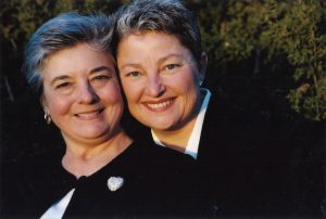 Sandy Davis (wife) and Honey Ward on their wedding, while gathered with 130 family members and other loved ones for a three day celebration, 2001, Santa Fe, NM.