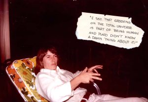 Jamison at age 23 — just out of college (BA & MFA in English/writing) and showing his confidence (hence the mocking “caption”), 1972.