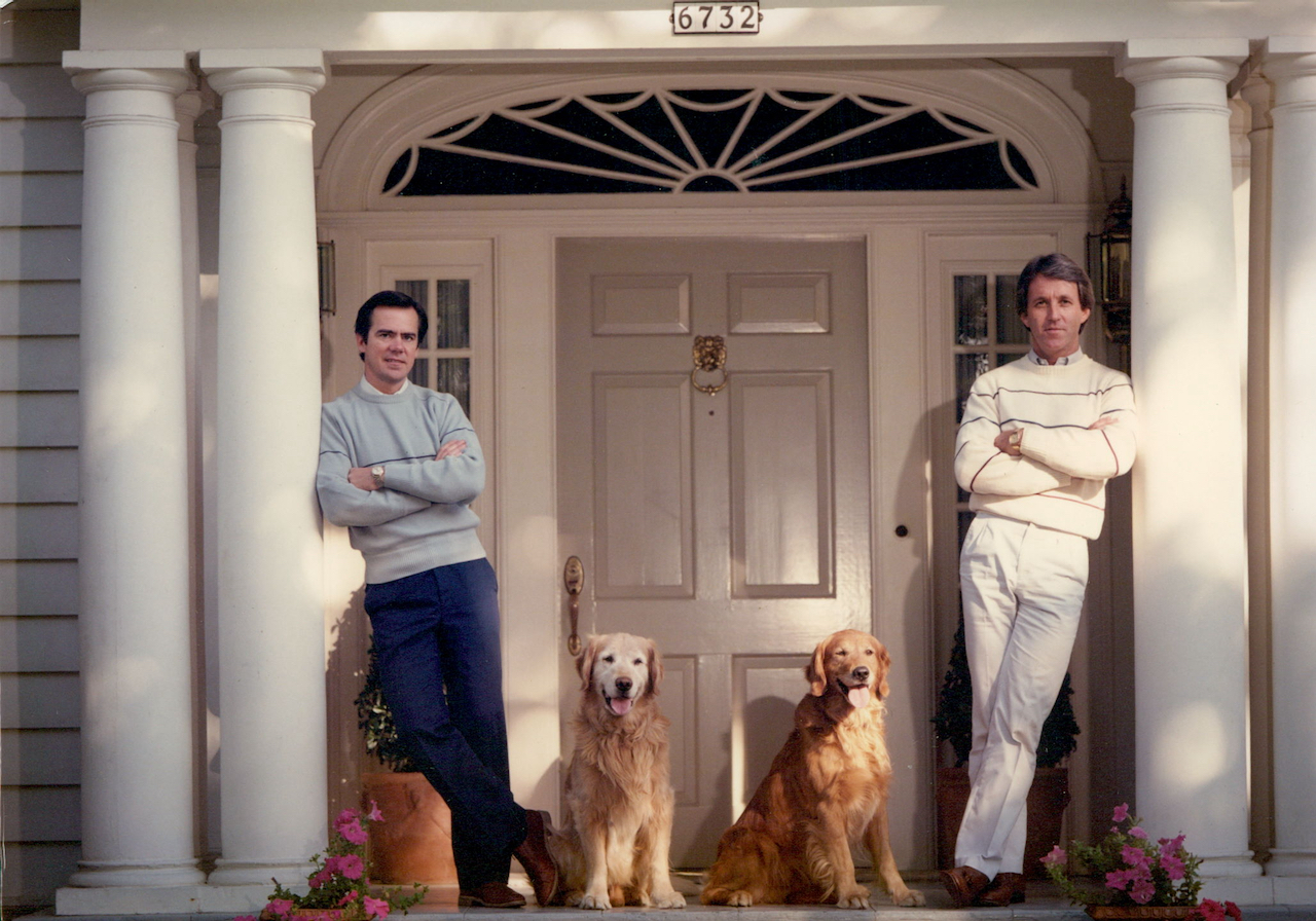 John and Jim with their dogs Jason and Jeremy, 1983.
