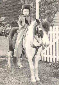 June rides a pony at about 2-3 years old, circa 1956, Los Angeles, CA.