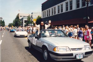 Kathleen Saadat as Grand Marshal of Gay Pride, Portland, Oregon, 1994.