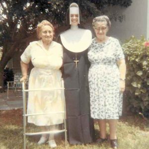 Kathy Boswer, pictured with her grandmothers, Grandma Connor (left) and Nanny Bowser (right), takes vows and joins the Sisters, Servants of the Immaculate Heart of Mary, 1967, Miami, FL. 