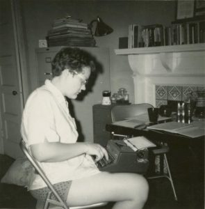 Barbara Gittings at typewriter at home. Photo credit: Kay Lahusen.
