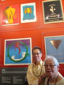Kitty with her mother at the exhibit, Feminists to Feministas, with three of her silkscreens on exhibit (on the wall behind them) at the GLBT Historical Society, San Francisco, 2016. Photo credit: Jennifer Abod. Photo courtesy of Kitty Tsui.