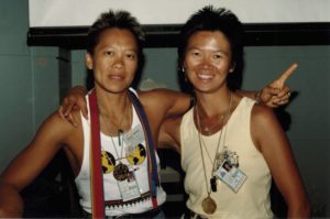 Kitty with Corinne Lee, co-chair of the Gay Games III softball committee, Vancouver, 1990.