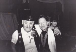 Kitty with Mister Marcus, Bay Area Reporter columnist who covered the leather scene, at the Eagle, San Francisco, 1989. Kitty wrote the first leather column in the Midwest for Chicago Outlines/Nightlines called “Leather Talk: Top to Bottom.”