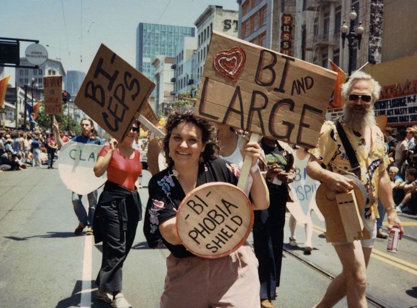 Lani marching in the 1984 San Francisco Lesbian and Gay Pride Parade; BiPOL’s contingent was led by a red convertible with Mayor “Bi-anne Feinstein” and “Princess Bi” — BiPOL won Most Outrageous Contingent. Photo credit: Arlene Krantz.