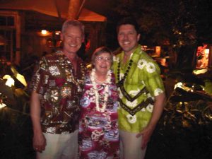 Lee Marquardt celebrates turning 70 in Maui, HI with son Chuck (right) and his husband John Barrenting, 2012.