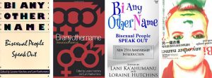 Photos of four different book covers for “Bi Any Other Name: Bisexual People Speak Out” — the original publication cover, date 1991 (still in print now); the red and black one published by The Advocate, during the late 90s (“we hated it because it tends to perpetuate the stereotypes about bisexuals that we’re only attracted to two genders and into three-ways — only some are, not all”); the new 25thanniversary edition from Riverdale Avenue Books, released in 2016; and the Chinese cover designed by Business Week in Taiwan, which distributes this Mandarin copy. Photo courtesy of Loraine Hutchins.