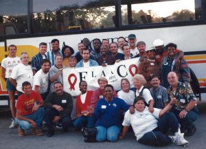 Luigi Ferrer is the President of Florida AIDS Action Council (FLAAC, now The AIDS Institute). In this photo they are on the way to statewide HIV Conference in Sarasota, 1996. Pictured: 2nd row, 2nd from left.