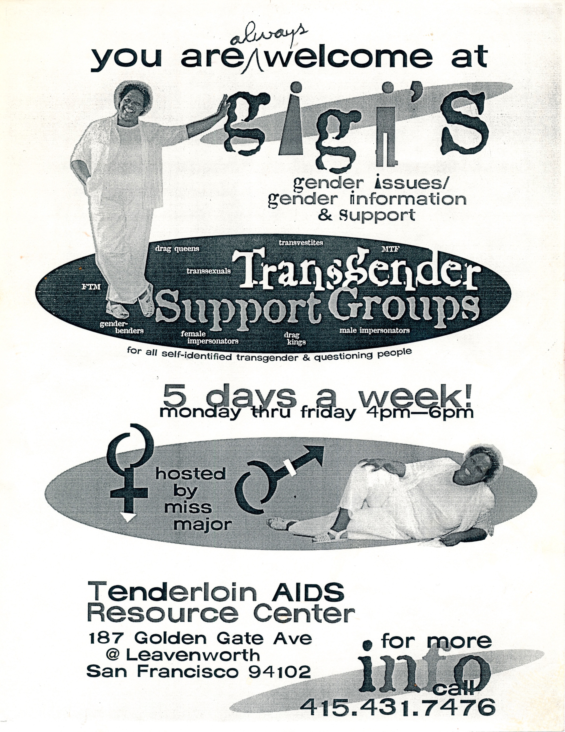 Flyer for Gigi's, a transgender safe space operated by Tenderloin AIDS Resource Center in San Francisco, managed by Miss Major in the 1990s. Photo courtesy of Miss Major Griffin-Gracy.