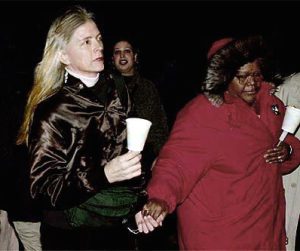 Nancy Nangeroni co-organized the vigil for Rita Hester, whose transphobic murder became the catalyst to create the Transgender Day of Remembrance. Nancy attends the vigil with Kathleen Hester, Rita's mother, December 1998.