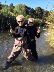 Nanette and Dee fly fishing, New Zealand, 2016. Photo courtesy of Nanette Gartrell and Dee Mosbacher.