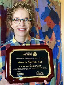 Nanette’s award from the American Psychiatric Association for her contributions and leadership in advancing women’s health, 2020. Photo courtesy of Nanette Gartrell and Dee Mosbacher.