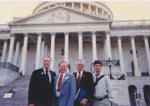 Gay, Lesbian, & Bisexual Veterans of America (GLBVA) veterans (L-R): Cliff Arnesen, Mel Tips, Patrick Bova, join with Marc Wolf (playwright of “Another American Asking and Telling”) in Washington D.C., May 1997. Photo courtesy of Cliff Arnesen.