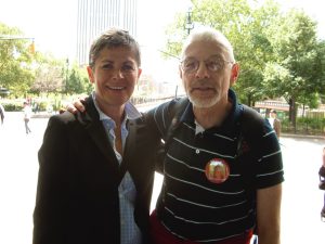 Perry and Kate Clinton during the filming of “Out in the City”, 2010, New York City, NY. Perry shares, ““Out in the City” was a promotional film to get LGBTQ tourists to come to NY. The film had extended interviews with me talking about the last 50 years of gay life in New York.” Photo courtesy of Perry Brass.