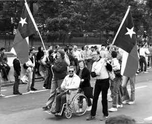 Phyllis Randolph Frye (left) is part of the vangard leading the Texas contingent for the National March on Washington for Lesbian and Gay Rights, 1986, Washington, D.C.