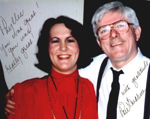 Phyllis Randolph Frye with Phil Donahue after a show entitled "Disowned by Families", 1989. Phil inscribed the photo, “Phyllis you was great! You was really great! With gratitude Phil Donahue”