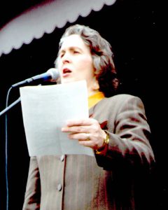 Phyllis Randolph Frye addressing pre-march participants for the March on Washington for Lesbian, Gay, and Bi Equal Rights and Liberation, 1993, Mall in Washington D.C.