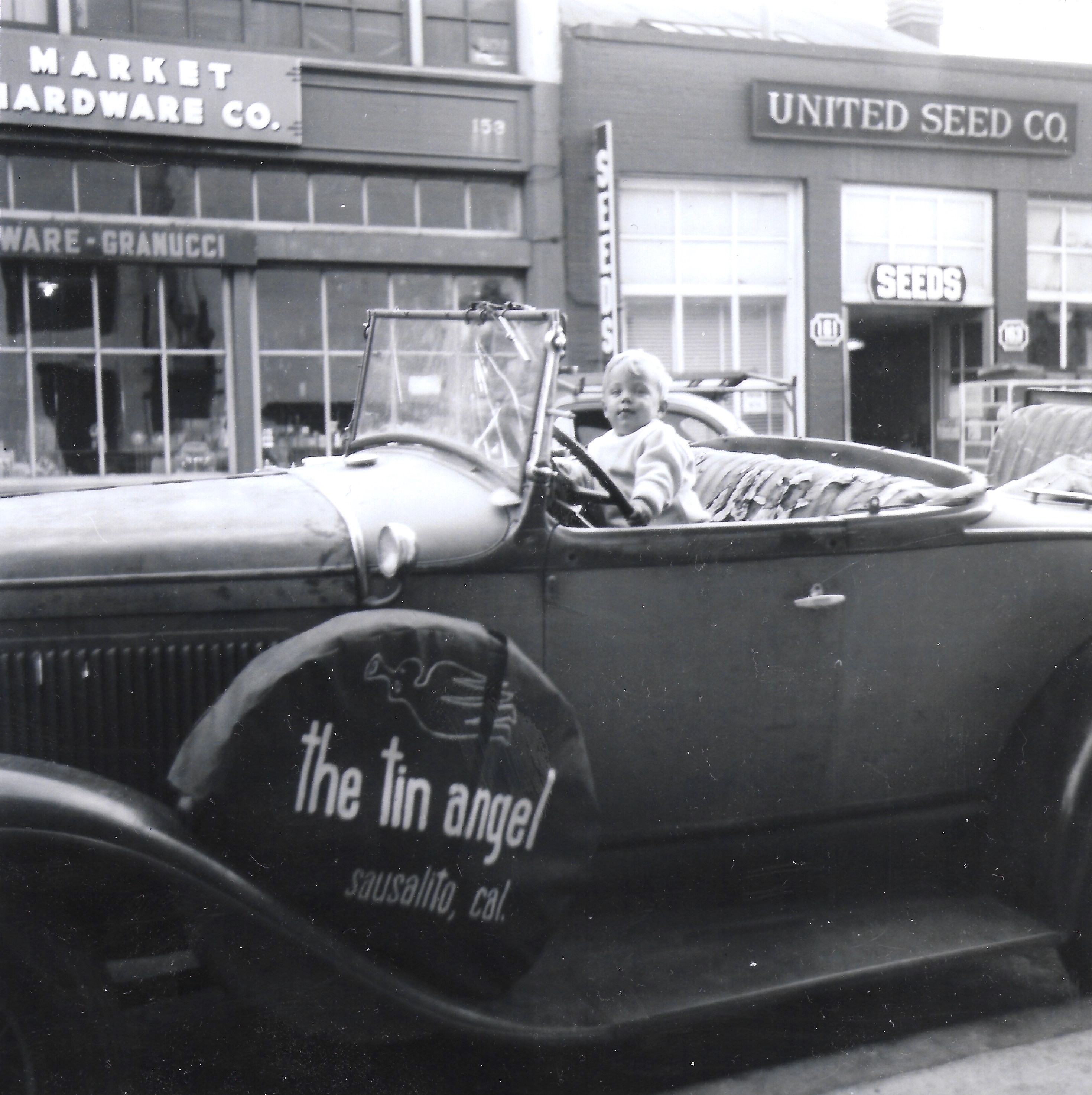 Rags as a baby in his mother’s car, advertising the Tin Angel, Sausalito, CA, circa 1950.