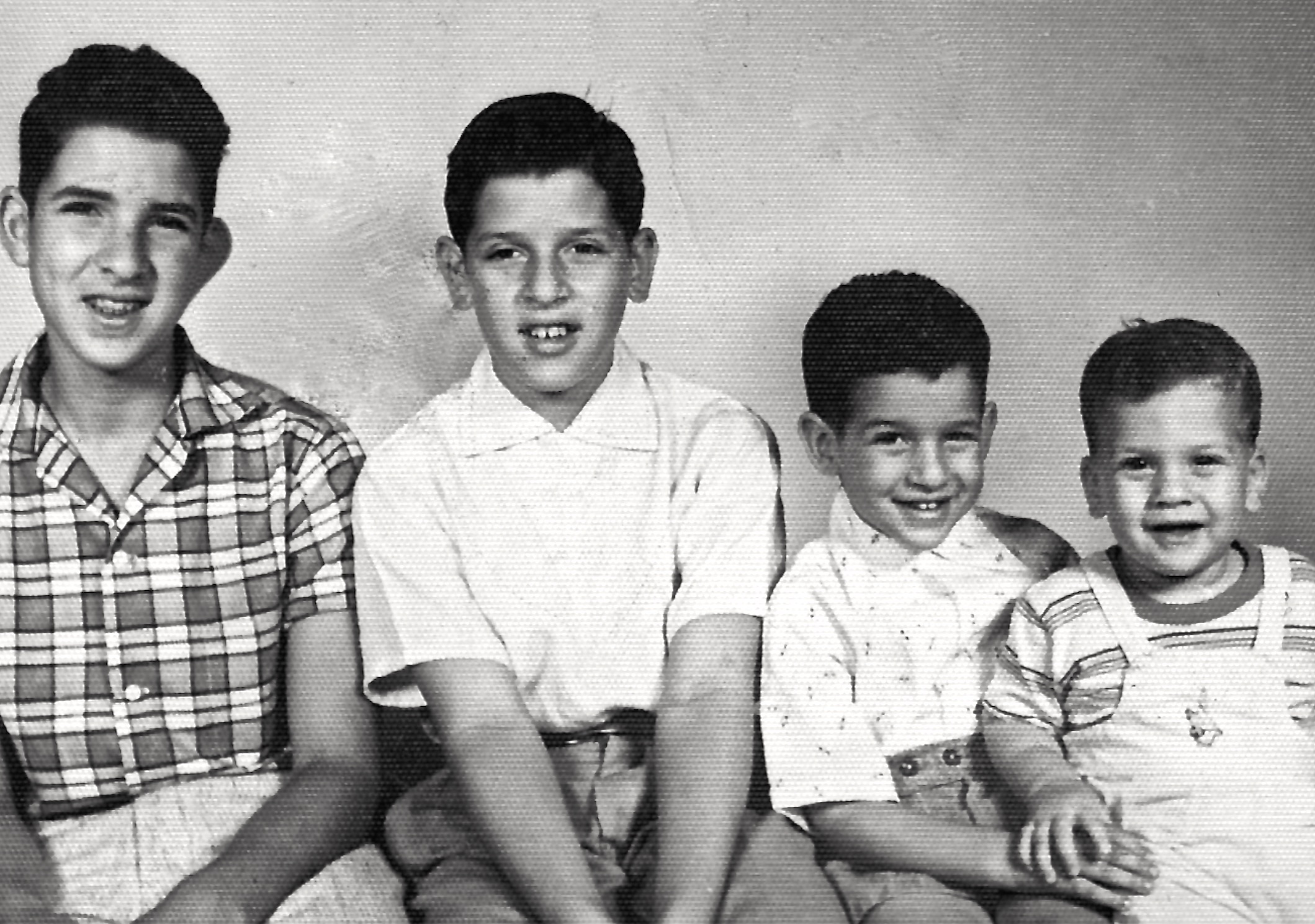 Alan sitting with his three brothers, Los Angeles, CA, 1956. L-R: Gary (age 14), Alan (age 11), David (age 4), and Howard (age 1).