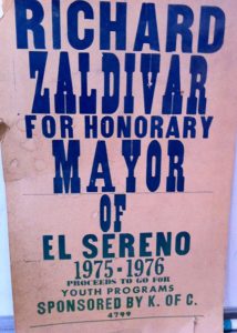 Richard Zaldivar was selected Honorary Mayor in his local community of El Sereno twice.  Although ceremonial, Zaldivar worked hard to make a difference. As honorary Mayor in 1976, be constructed a flagpole with the American flag in the middle community of 60,000 to celebrate our nation's bicentennial celebration in 1976.
