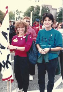 Robyn Ochs and singer-songwriter Pat Humphries with the bi contingent at the Second National March on Washington for Lesbian and Gay Rights, 1987, Washington, D.C. (Courtesy of Robyn Ochs)