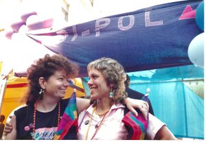 Robyn Ochs (right) and Liz Nania at San Francisco Pride, 1990, San Francisco, CA. A bi activist, Liz designed the double-triangle bisexual pride logo. (Courtesy of Robyn Ochs)