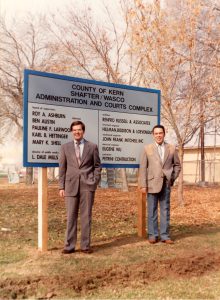 L-R: Roy Ashburn (serving as Kern County Supervisor) and John Petrini (owner of Petrini Construction) at the groundbreaking ceremony for the Shafter/Wasco Administration and Courts Complex in Shafter, CA, 1991. Photo courtesy of Roy Ashburn.