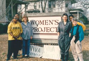 L-R: Janet Perkins, Jo Marks, Kerry Lobel, Kelly Mitchell-Clark and Suzanne Pharr in front of the Women’s Project on the occasion of Nelson Mandela’s release from prison, 1990.