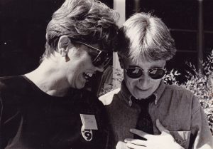 Suzanne Pharr (right) and Renée DeLapp participate in a “No on 9” Campaign Rally, 1992.