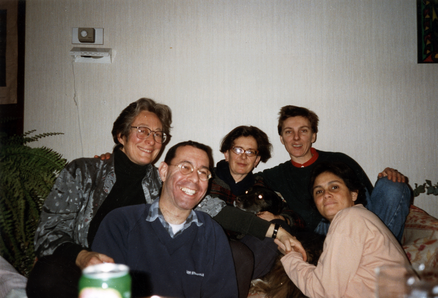Terry at a New Year’s Eve gathering to watch Doris Day movies with the Doris Day Gay Fan Club, Amsterdam, 1993. L-R:  Terry, Elliot Rubin (close gay friend, composer and choral conducter), Godelieve Smelt (on-again-off-again lover, painter), Cory (a passing friend), and Diana Avila (one of Terry’s “great loves,” a Costa Rican poet working for the International Press Service in Amsterdam). Photo courtesy of Terry Baum.