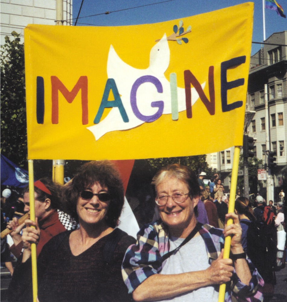 Terry and her sister, Nancy Shapiro, demonstrating against the invasion of Afghanistan with a banner made by Nancy, San Francisco, 2001. Photo credit: Susan Miller. Photo courtesy of Terry Baum.