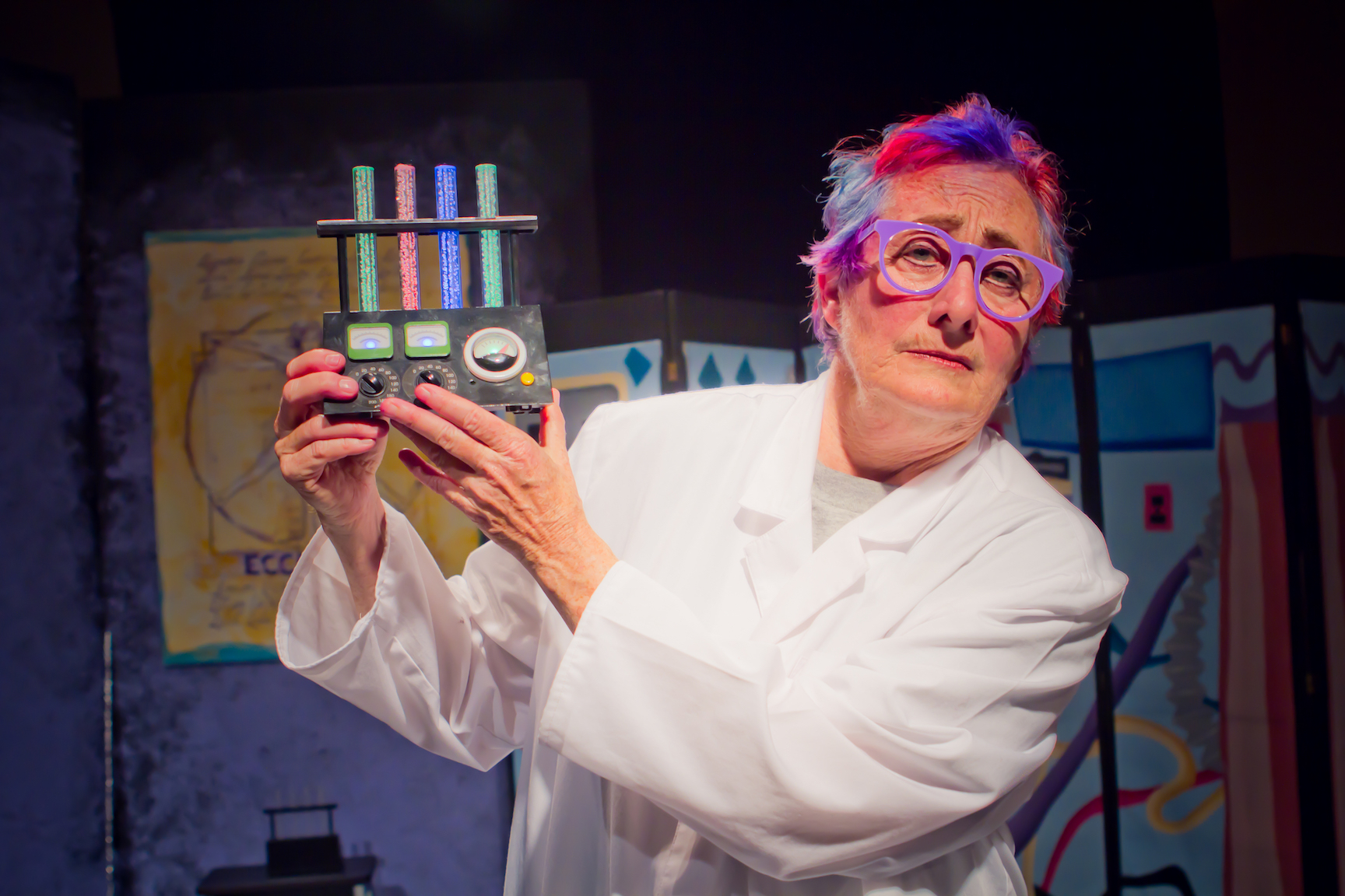 Terry as Dr. Gertrude Lesbostein in her play “Bride of Lesbostein,” a production of The Crackpot Crones, 2013. Photo credit: Liz Payne. Photo courtesy of Terry Baum.