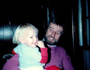 Tom Mosmiller holding Kathleen’s (former lover) son, Sean, at her home, 1985, New Jersey.