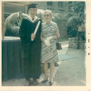Tom Mosmiller posing with his mother, Mary Catherine Flahavan, at his graduation from Mount Saint Mary's College, 1969, Emmitsburg, MD.