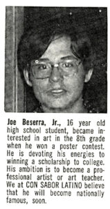 A newspaper clipping featuring Jolino at age 16. His 1973 Christmas card design was purchased by actor Richard Boone.