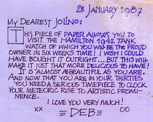 David’s “Tank Watch” letter to Jolino on his 30th birthday, Los Angeles, CA, 1987.