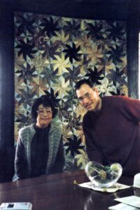 Kenny and Sato-Michio in Hiroshima, Japan, 2006. Kenny shares, “Sato-san was one of the surviving Hiroshima Maidens who I interviewed. One of her quilts is behind us.” 