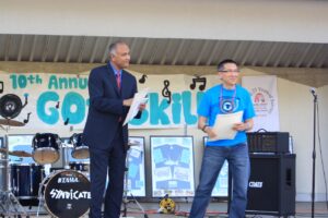 Terry Gock receiving recognition from California State Senator Ed Hernadez on behalf of the Asian Pacific Family Center in 2011. This shoutout took place during Pacific Clinics at the Center’s “Youth Got Skills: Drug Free Talent Contest.”