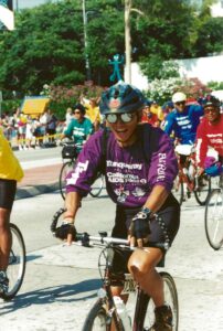 Terry biking in the California AIDS Ride, San Francisco, CA, 1993.