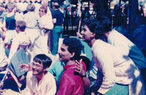 Arvind and other South Asian activists posing for a group photo at the Pride parade, San Francisco, CA, 1986.
